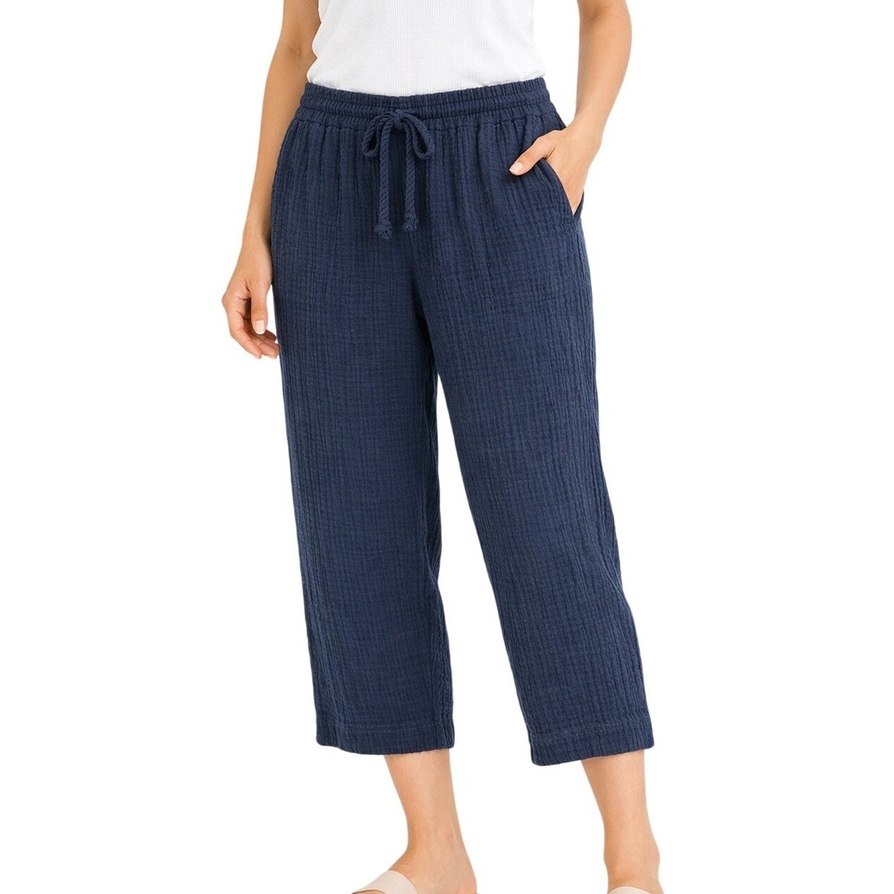 J. Jill Navy Blue 100% Cotton Crinkle Gauze Cropped Pants XL Drawstring Waist